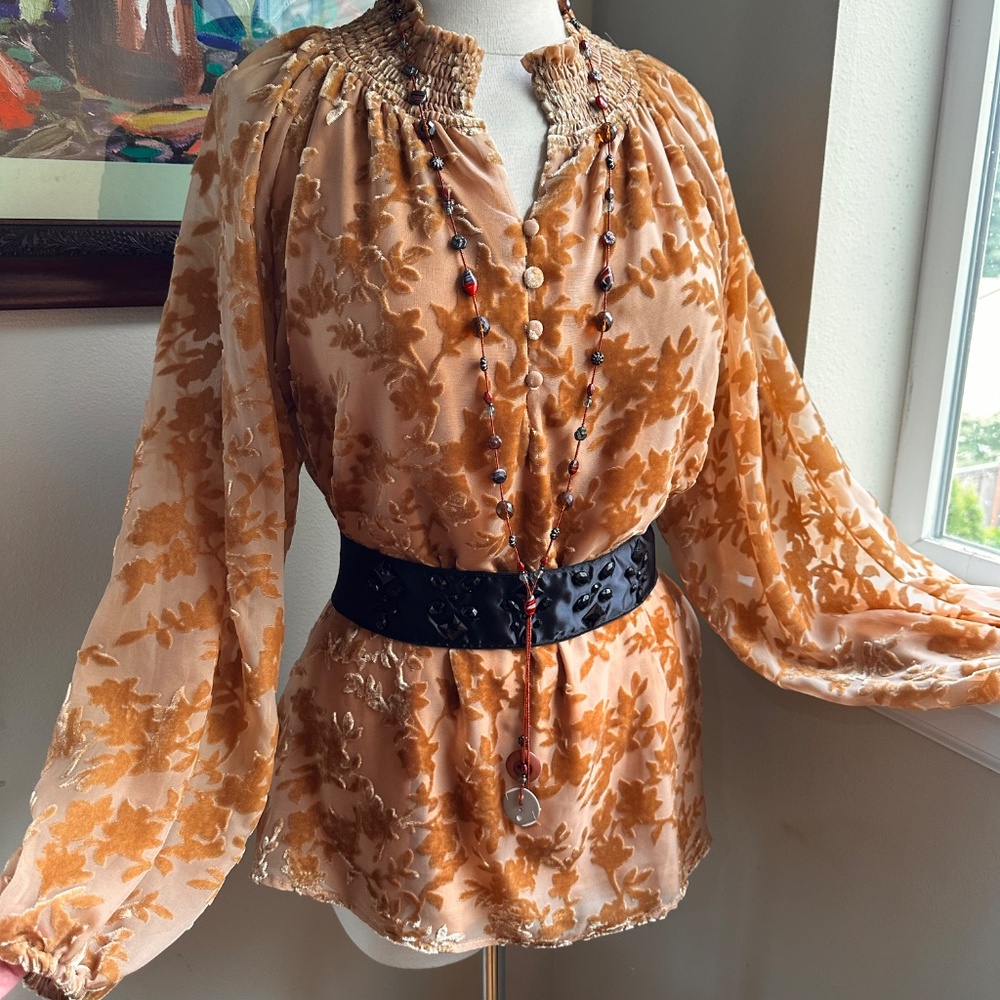 Cut Velvet Amber Colored Peasant Style Smock Top Blouse - S